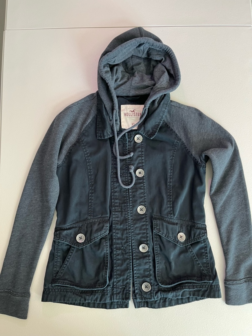 Hollister Twofer jean jacket hooded knit sleeves Utility XS